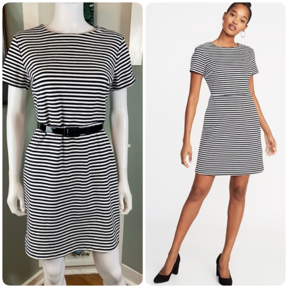 Old Navy Black White Striped Mini Sheath Dress shift knit Medium nautical